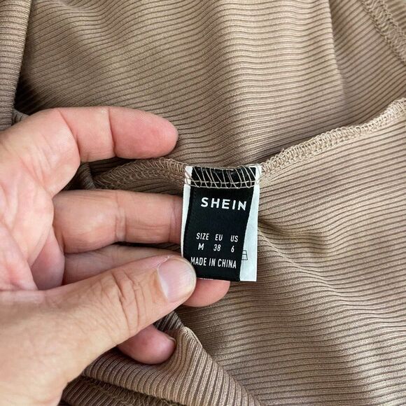 SHEIN M Medium Bodycon Strappy Midi Dress Brown Ribbed Knit - Picture 6 of 7